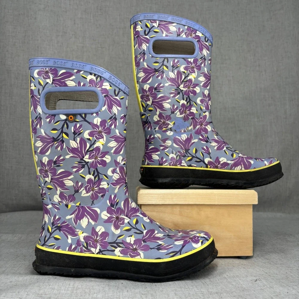 Bogs Rain Boots Girls Purple Magnolia Pull On Waterproof Youth Size 3